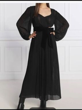 Kooples Black Pleated Maxi Dress Size XS V-Neck Long Sleeve Velvet Belt